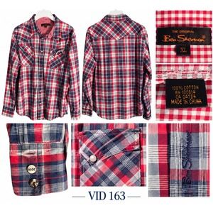 Ben Sherman XL Western Shirt Red Blue Plaid Pearl Snap 100% Cotton Cowboy
